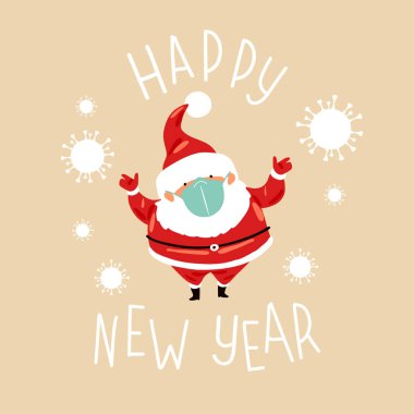 Yüzünde tıbbi maske olan Noel Baba. Vektör 2021 Mutlu Yıllar geçmişi. Tatil hediye kartı, festival afişi, web afişi, web sitesi başlığı. Düz vektör illüstrasyonu.
