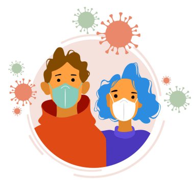 Salgınla savaşıyorum. Tıbbi maskeli bir grup insan. Hastalıklara karşı koruma, hava kirliliği, grip. 