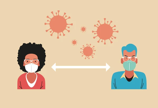 의료용 마스크를 얼굴에 사람들 사람들은 사회적 교류를 합니다 바이러스를 퍼트리지 — 스톡 벡터