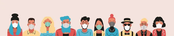 Борьба Пандемией Группа Людей Медицинских Масках Защита Болезней Загрязнения Воздуха — стоковый вектор