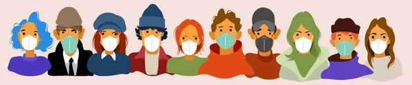 Luchar Contra Pandemia Grupo Personas Con Máscaras Médicas Protección Contra — Vector de stock
