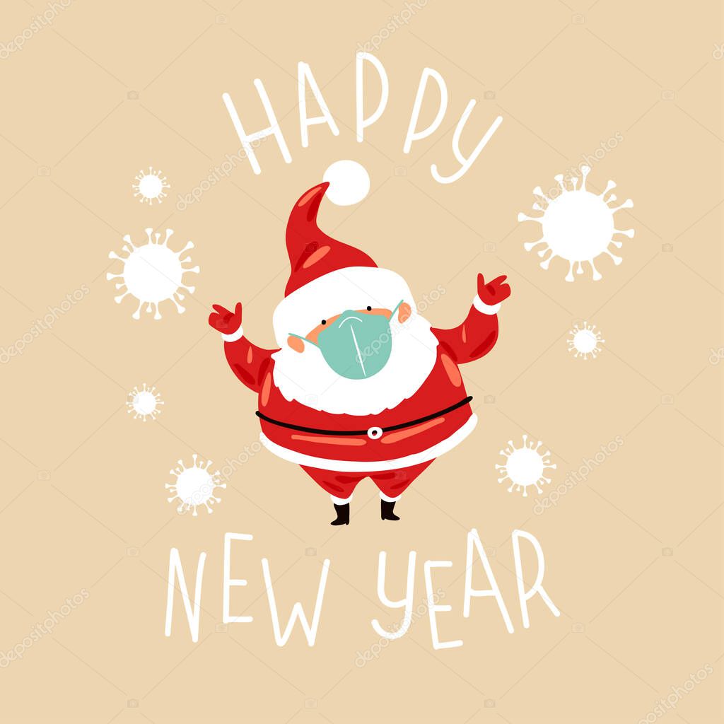 Santa claus with a medical mask on their face. Vector 2021 Happy New Year background . Holiday gift card, Festive poster, web banner, header for website. Flat vector illustration.