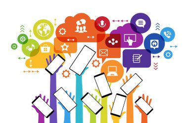 Sosyal medya konsepti. Küresel bilgisayar ağlarında iletişim. Web ve mobil hizmetler için düz tasarım konsept simgeleri başlat.