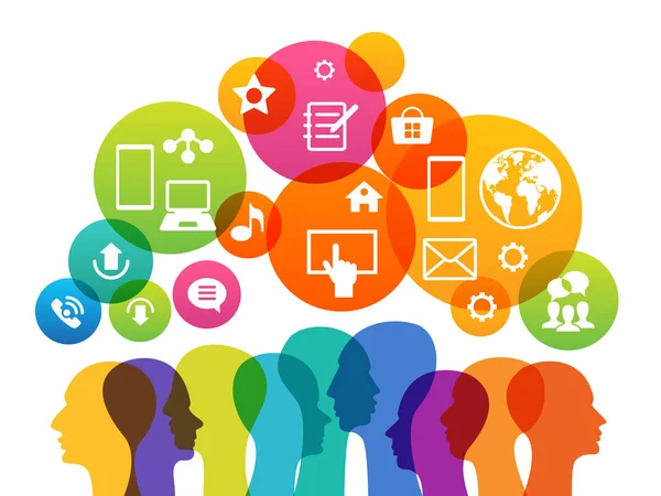 Sosyal medya konsepti. Küresel bilgisayar ağlarında iletişim. Web ve mobil hizmetler için düz tasarım konsept simgeleri başlat.