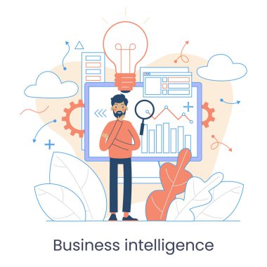 Atılgan strateji geliştirme konsepti. Büyük veri analizleri. İş İstihbaratı. İş kuralı. Veri yönetimi soyut metaforu. Vektör illüstrasyon seti. Uygulama yazılımı.