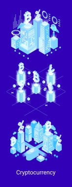 Kripto para birimi pazar yeri izometrik konsept pankartı