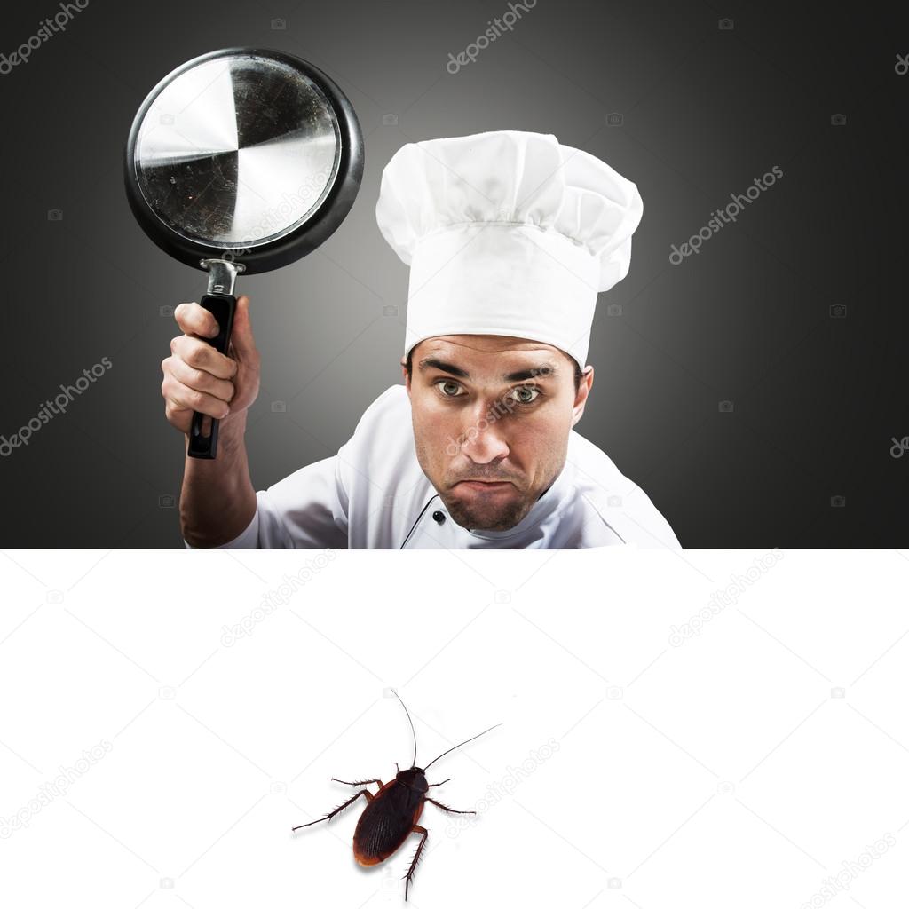 Chef attacking a cockroach