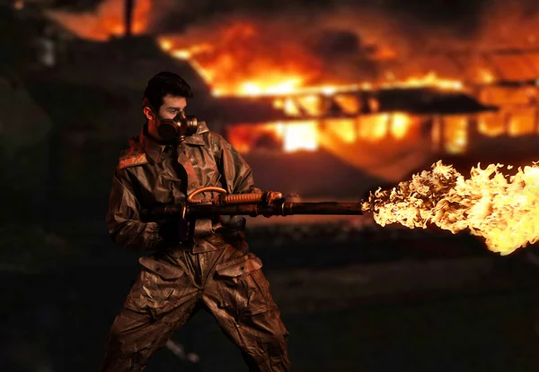 Apocalypse soldier with flamethrower — Stock Photo, Image