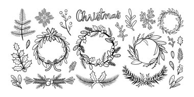 Noel süsleri koleksiyonu. Beyaz arkaplanda izole edilmiş bayram vektör çizimi, tebrik kartları, ambalaj kağıdı ve mevsimsel tasarım projeleri için mükemmel.