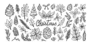 Noel süsleri koleksiyonu. Beyaz arkaplanda izole edilmiş bayram vektör çizimi, tebrik kartları, ambalaj kağıdı ve mevsimsel tasarım projeleri için mükemmel.