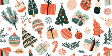 Şenlikli bir Noel ve yeni yıl tatili şablonu ve geçmişi. Tebrik kartları, davetiyeler, ambalaj kağıtları, afişler, sosyal medya iletileri ve mevsimsel grafik tasarım projeleri için mükemmel.