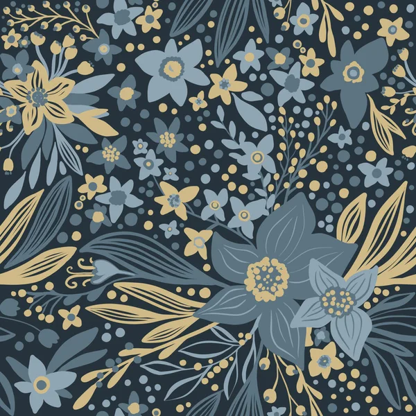 Dusty blue and mustard yellow floral seamless doodle hand painted pattern