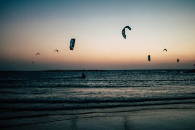 Tel Aviv İsrail 20 Ekim 2020 İsrail, İsrail 'de Coronavirus salgını ve Tel Aviv plajında günbatımında uçurtma sörfü yapan kimliği belirsiz İsrail halkının görüntüsü