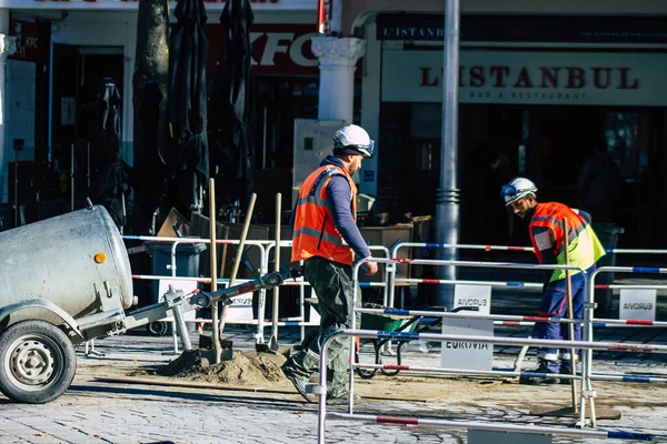 Reims France November 2020 View Unidentified Workers Construction Site New — Stock Photo, Image