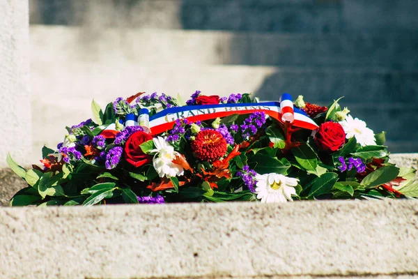 Reims France November 2020 Closeup Wreath Flowers Armistice Commemoration Ceremony — Stock Photo, Image