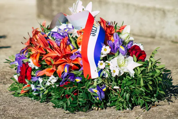 Reims France Noviembre 2020 Primer Plano Corona Flores Ceremonia Conmemoración — Foto de Stock