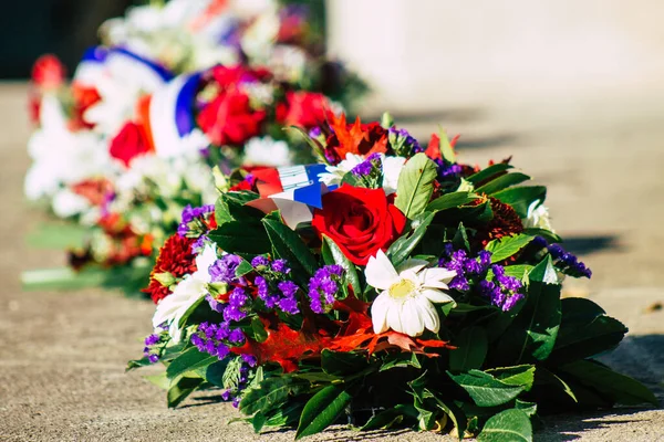 Reims France Noviembre 2020 Primer Plano Corona Flores Ceremonia Conmemoración — Foto de Stock