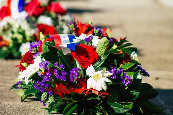 Reims France November 2020 Közelkép Koszorú Virágok Fegyverszüneti Megemlékezés Során — Stock Fotó