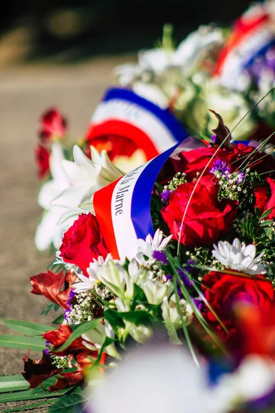 Reims France November 2020 Closeup Wreath Flowers Armistice Commemoration Ceremony — Stock Photo, Image