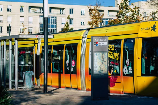 Reims France November 2020 View Modern Electric Tram Passengers Rolling — Stock Photo, Image