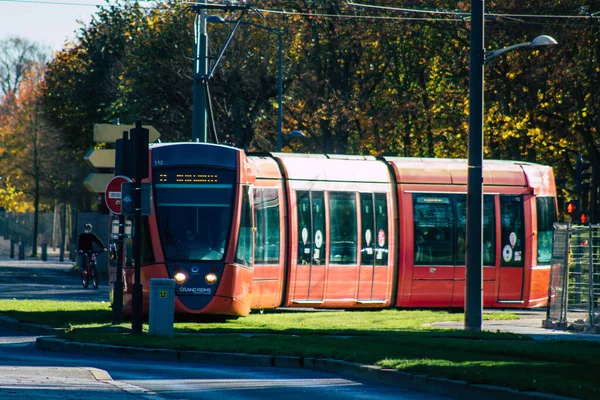 Reims France 2020 View Modern Electric Tram Trapped Street Part — 스톡 사진