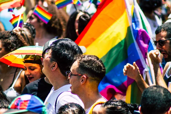 stock image Tel Aviv Israel June 14, 2019 View of unidentified people participating in the gay pride parade through the streets of Tel Aviv, a protest by the LBGT movement for freedom of sexual orientation