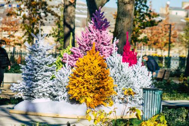 Reims şehri, koronavirüs salgını sırasında Reims sokaklarındaki renkli Noel süslemelerini 28 Kasım 2020 'de tasvir ediyor. Reims şehri, sağlık krizine uyum sağlayan bir Noel köyü sunuyor.