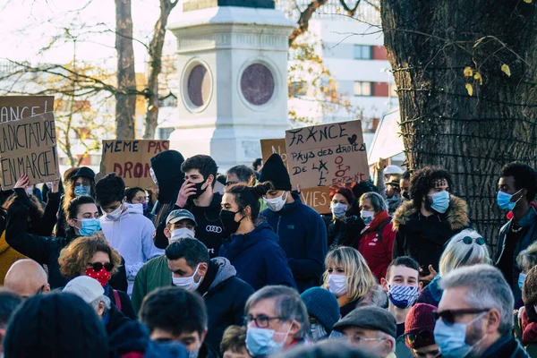 Reims France November 2020 View Unidentified Demonstrators Protesting New Global — Stock Photo, Image