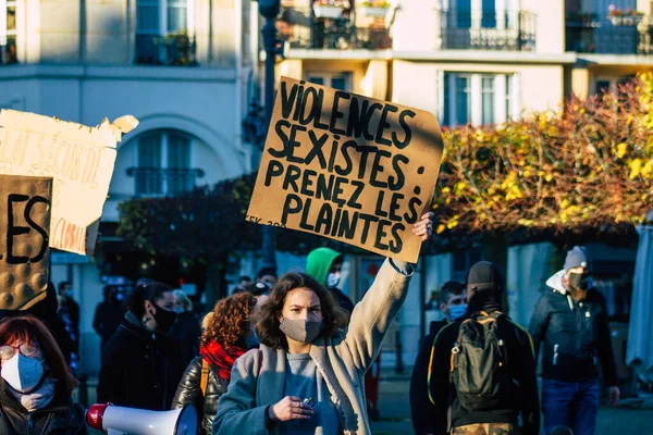 Reims Frankrike November 2020 Visa Oidentifierade Demonstranter Protesterar Mot Den — Stockfoto