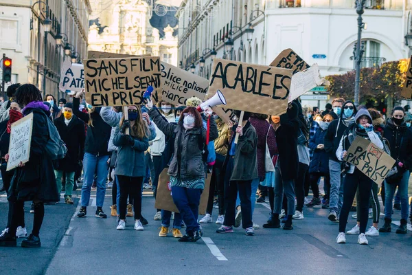 Reims France Listopadu 2020 Pohled Neidentifikovaných Demonstrantů Protestujících Proti Novému — Stock fotografie