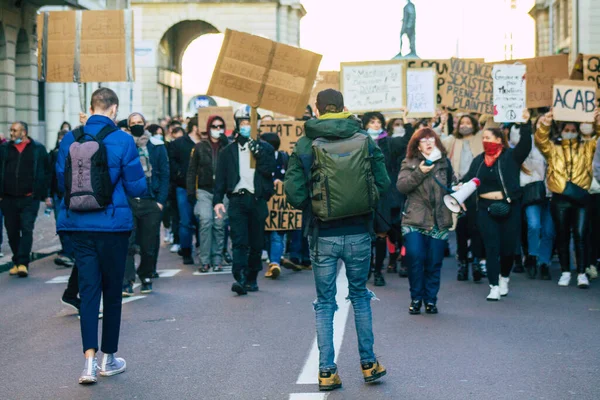 Reims France Noviembre 2020 Vista Manifestantes Identificados Protestando Contra Nuevo — Foto de Stock