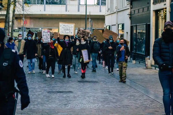 Reims France Listopadu 2020 Pohled Neidentifikovaných Demonstrantů Protestujících Proti Novému — Stock fotografie