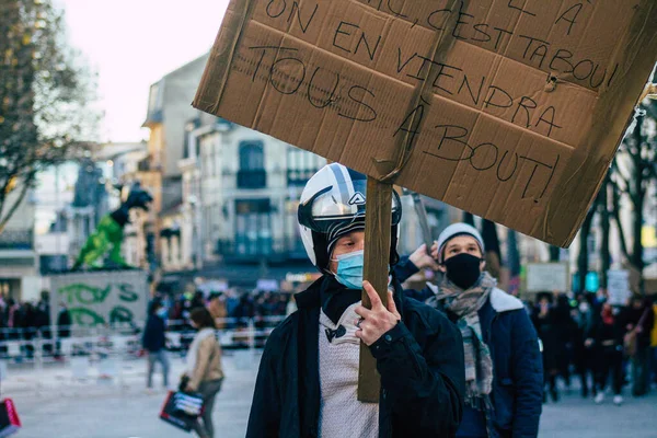 Reims France Listopadu 2020 Pohled Neidentifikovaných Demonstrantů Protestujících Proti Novému — Stock fotografie