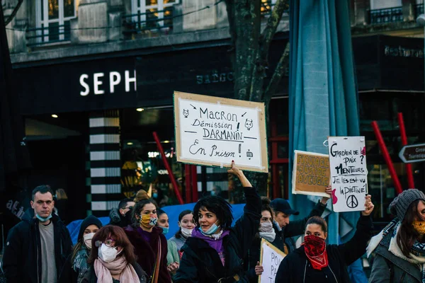 Reims France November 2020 Tekintse Meg Azonosítatlan Tüntetők Tiltakozó Ellen — Stock Fotó