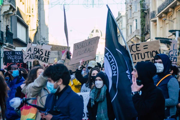 Reims Frankrike November 2020 Visa Oidentifierade Demonstranter Protesterar Mot Den — Stockfoto