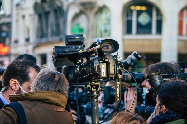 Reims França Novembro 2020 Jornalistas Que Cobrem Viagem Jean Castex — Fotografia de Stock