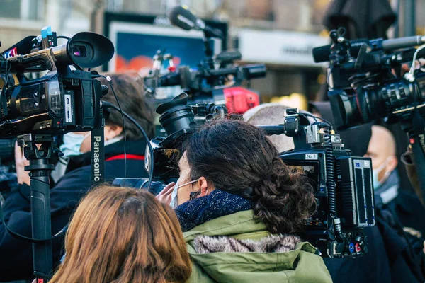 Reims França Novembro 2020 Jornalistas Que Cobrem Viagem Jean Castex — Fotografia de Stock