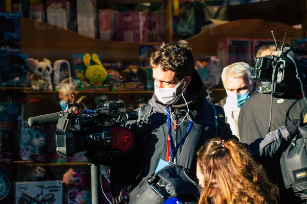 Reims França Novembro 2020 Jornalistas Que Cobrem Viagem Jean Castex — Fotografia de Stock