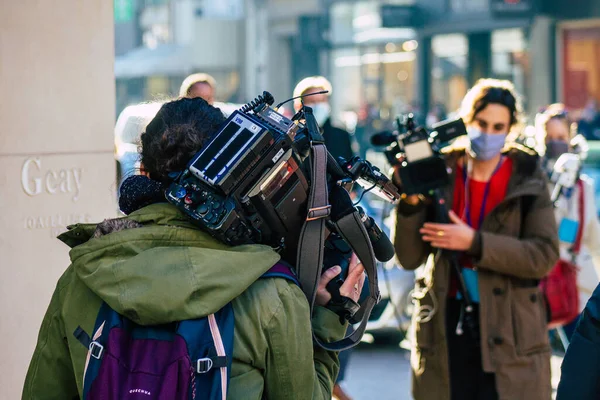 Reims França Novembro 2020 Jornalistas Que Cobrem Viagem Jean Castex — Fotografia de Stock