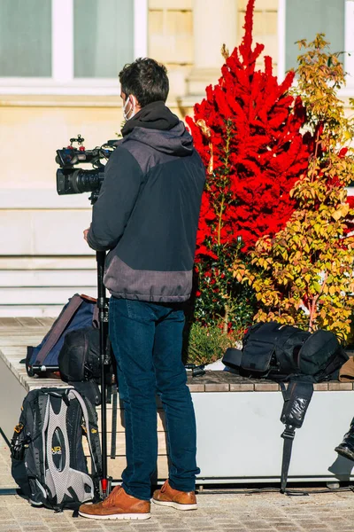 Reims França Novembro 2020 Jornalistas Que Cobrem Viagem Jean Castex — Fotografia de Stock