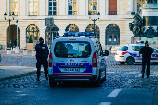 Reims Francie Listopad 2020 Pohled Francouzské Policejní Auto Valící Historických — Stock fotografie