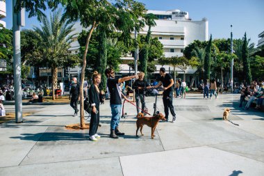 Tel Aviv İsrail 5 Aralık 2020 Coronavirüs salgınının İsrail 'i vurmasına rağmen Tel Aviv' de ikonik bir meydan olan Dizengoff Sirki 'nde eğlenen ve eğlenen kimliği belirsiz İsrail halkının görüntüsü