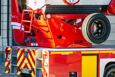 Reims France December 18, 2020 View of a red French fire truck in intervention in front of the Reims cathedral during the coronavirus pandemic affecting France and the lockdown of the country