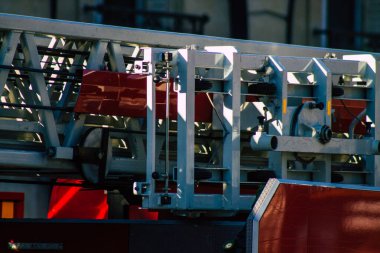 Reims France December 18, 2020 View of a red French fire truck in intervention in front of the Reims cathedral during the coronavirus pandemic affecting France and the lockdown of the country