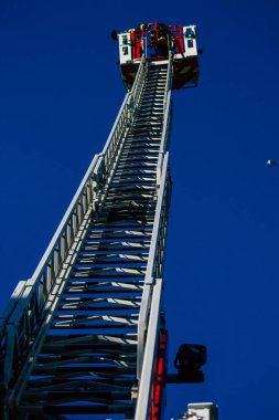 Reims France December 18, 2020 View of a red French fire truck in intervention in front of the Reims cathedral during the coronavirus pandemic affecting France and the lockdown of the country