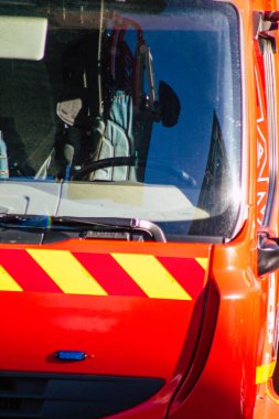 Reims France December 18, 2020 View of a red French fire truck in intervention in front of the Reims cathedral during the coronavirus pandemic affecting France and the lockdown of the country