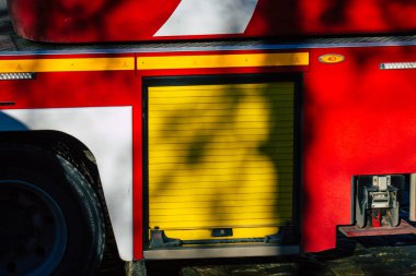 Reims France December 18, 2020 View of a red French fire truck in intervention in front of the Reims cathedral during the coronavirus pandemic affecting France and the lockdown of the country