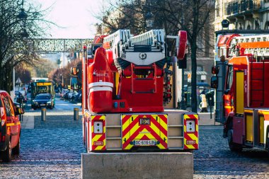 Reims France December 18, 2020 View of a red French fire truck in intervention in front of the Reims cathedral during the coronavirus pandemic affecting France and the lockdown of the country