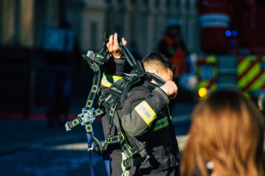 Reims France December 18, 2020 View of a traditional French fire fighter in intervention in front of the Reims cathedral during the coronavirus pandemic affecting France