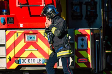Reims France December 18, 2020 View of a traditional French fire fighter in intervention in front of the Reims cathedral during the coronavirus pandemic affecting France